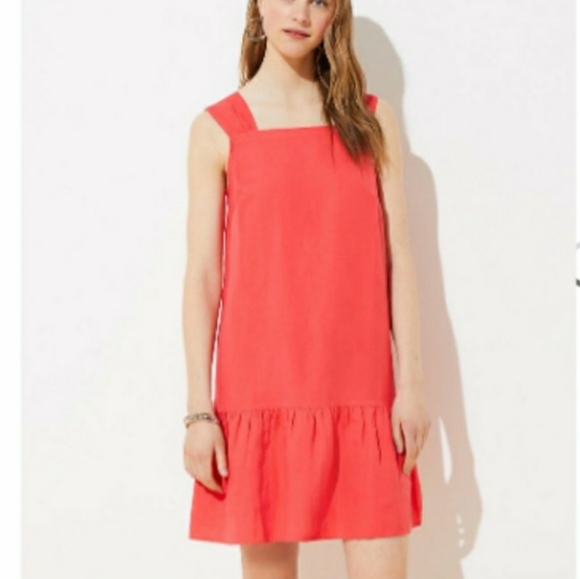 LOFT Coral Drop Waist Linen Dress Size Medium Ruffle Flounce Hem Sleeveless - Picture 1 of 5